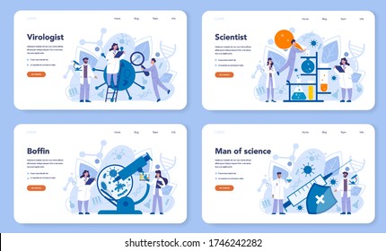 Virologist web banner or landing page set. Scientist studies viruses and bacteria. Laboratory biotechnology and vaccine development. Isolated vector illustration in cartoon style