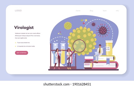 Virologist web banner or landing page. Scientist studies viruses and bacteria. Laboratory biotechnology and vaccine development. Isolated vector illustration in cartoon style