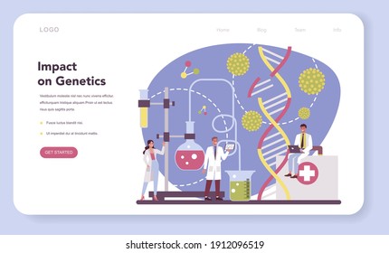 Virologist web banner or landing page. Scientist studies viruses and bacteria. Laboratory biotechnology and vaccine development. Isolated vector illustration in cartoon style