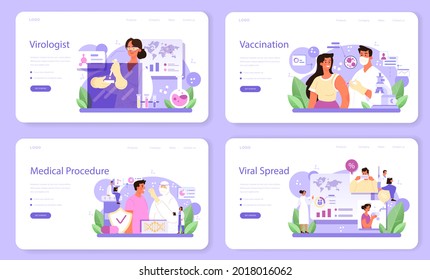 Virologist web banner or landing page set. Scientist studies viruses and bacteria in a laboratory. Epidemic researcher working with infectios disease. Vaccine development. Flat vector illustration