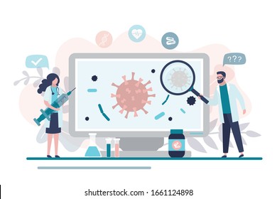 Virologists are researching a new virus, searching for antivirus and medication. Female doctor holding syringe, male scientist uses magnifying glass to research. Viral laboratory. Vector illustration