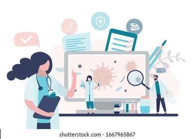 Virologists is researching a new virus, searching for antivirus and medication. Group of scientists  in uniform and protective masks. Modern viral laboratory.Vaccine search concept.Vector illustration