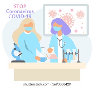 Virologists are researching new virus, searching for antivirus and medication. Two female scientists in uniform and protective mask. Viral laboratory workspace. Vaccine search concept. Trendy Vector