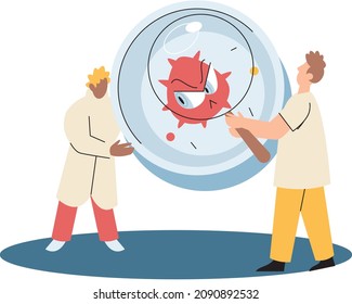 Virologists studying new virus in lab, holding sample in tube. Scientist conducting scientific researches. Antivirus vaccine complete development. Pharmaceutical investigation in laboratory