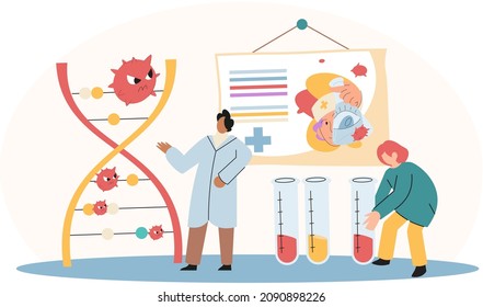 Virologists studying new virus in lab holding sample in tube. Scientist conducting scientific researches. Antivirus vaccine complete development. Pharmaceutical investigation in laboratory examination