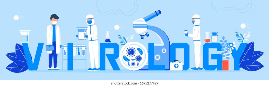 Virology concept vector. Microbiological technology, biotechnology science vector. Scientists study microorganisms in microscope for  creation of vaccine. Medical research illustration for homepage.