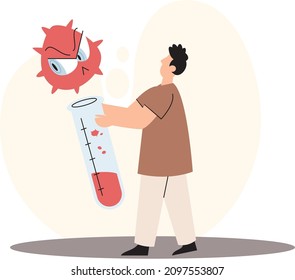 Virology fights against viruses in lab, holding vaccine in tube. Scientist conducting scientific researches. Antivirus vaccine complete development. Pharmaceutical investigation in laboratory