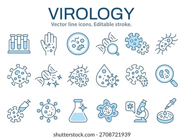 Virology line icons. Representing pathogen study, infection analysis, and microbiological processes. Editable stroke. Change to any size and any color.