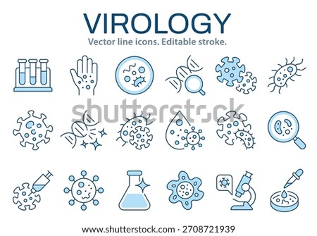 Virology line icons. Representing pathogen study, infection analysis, and microbiological processes. Editable stroke. Change to any size and any color.