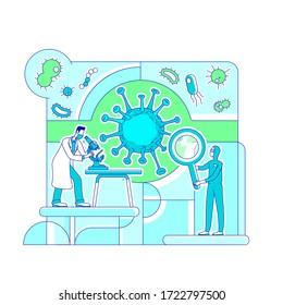 Virology science thin line concept vector illustration. Scientists, biologists 2D cartoon characters for web design. Lab workers studying coronavirus cell. Laboratory analysis creative idea