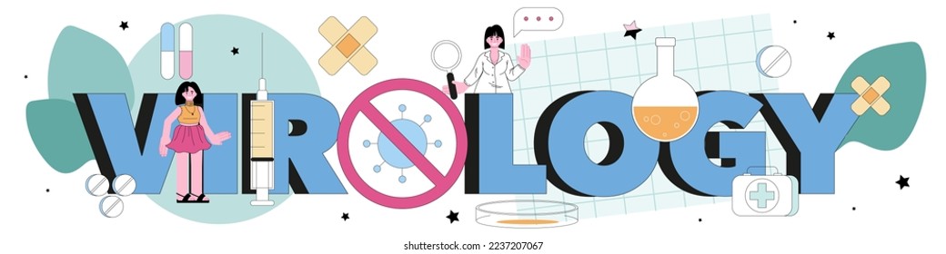 Virology typografische Header. Wissenschaftler untersuchen Viren und Bakterien in einem Labor. Epidemic-Forscher, der mit Infektionskrankheiten arbeitet. Impfstoffentwicklung. Flache Vektorgrafik