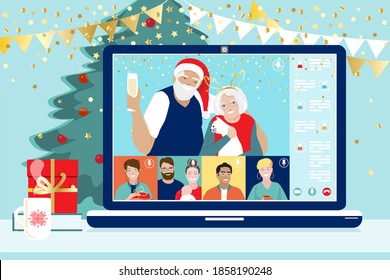 Virtual 2022 Christmas Family Party, New Year Online Meeting, Videoconference During Pandemic. Parents, Grandparents, Kids, Young Friends Celebrating Holidays At Home, Safe Communicate By Web. Vector 