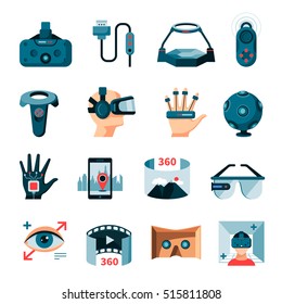 Virtual 360 degree augmented reality symbols gadgets and accessories flat icons set with 3d glasses isolated vector illustration 