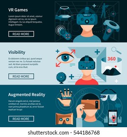 Virtual 360 degree augmented reality games experience 3 flat horizontal banners set webpage design isolated vector illustration 