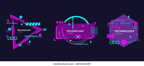 Virtual 3d element with circles, hexagons, triangles, lines, squares, rectangles. Modern logo in cyberpunk style. Futuristic IT badges for banner. Technology hi-tech design in the Vector illustration.