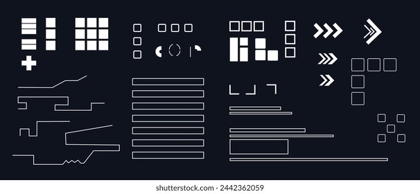 Virtual 3d element with circles, hexagons, triangles, lines, squares, rectangles. Modern logo in cyberpunk style. Futuristic IT badges for banner. Technology hi-tech design in the Vector illustration.