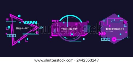 Virtual 3d element with circles, hexagons, triangles, lines, squares, rectangles. Modern logo in cyberpunk style. Futuristic IT badges for banner. Technology hi-tech design in the Vector illustration.