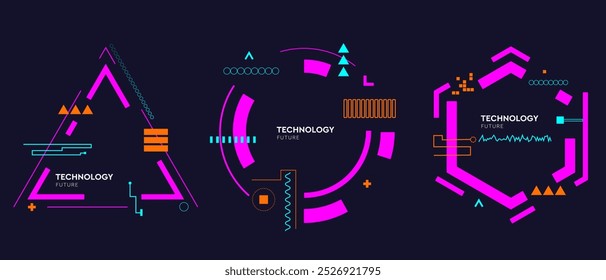 Virtuelles 3D-Spiel mit Kreisen, Sechsecken, Dreiecken, Linien, Quadraten, Rechtecken Elemente. Modernes Logo im Cyberpunk-Stil. Futuristische IT-Abzeichen für Banner. Technologie-Hightech in Vektorgrafik.