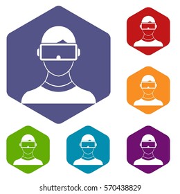 Virtual 3d reality goggles icons set rhombus in different colors isolated on white background