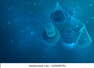 virtual 3d scales and a judge’s hammer are on the table. vector background.