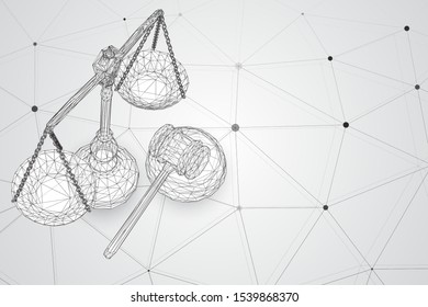 virtual 3d scales and a judge’s hammer are on the table. vector background.