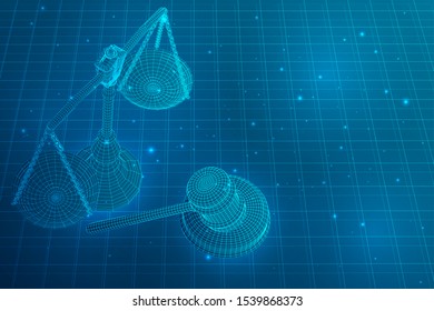 virtual 3d scales and a judge’s hammer are on the table. vector background.