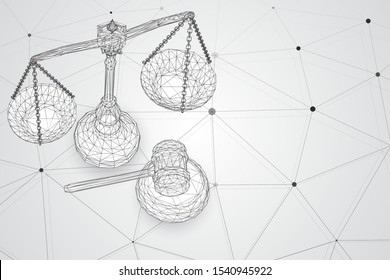 virtual 3d scales and a judge’s hammer are on the table. vector background.