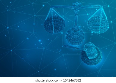 virtual 3d scales and a judge’s hammer are on the table. vector background.