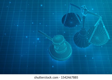 virtual 3d scales and a judge’s hammer are on the table. vector background.