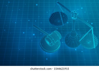 virtual 3d scales and a judge’s hammer are on the table. vector background.