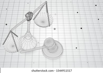 virtual 3d scales and a judge’s hammer are on the table. vector background.