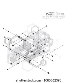 Virtual abstract background with particle, molecule structure with transparent cubes, hexagons carcass. genetic and chemical compounds. Science and connection concept. Social network. vector
