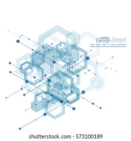 Virtual abstract background with particle, molecule structure with transparent cubes, hexagons carcass. 