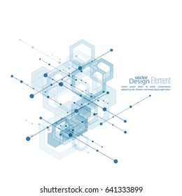 Virtual abstract background with particle, molecule structure with transparent cubes, hexagons carcass. genetic and chemical compounds.