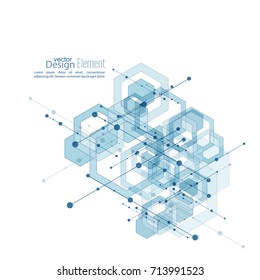 Virtual abstract background with particle, molecule structure with transparent cubes, hexagons carcass. genetic and chemical compounds.