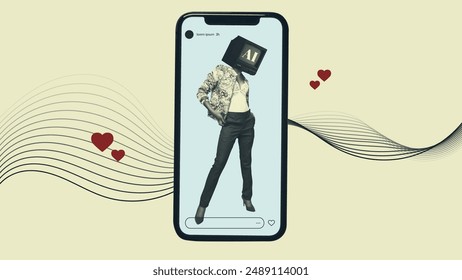 Virtual AI influencer concept collage. Woman with Artificial intelligence tv head posing in social media on smartphone device. Vector illustration