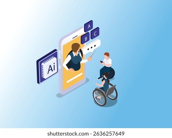 professor de IA virtual em uma tela de smartphone instrui os alunos, incluindo um em uma cadeira de rodas, simbolizando educação acessível e tecnologicamente avançada para a ilustração vetorial 3d isométrica al