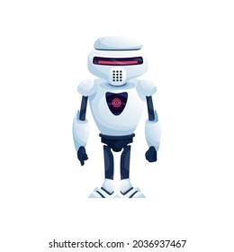 Virtual android, kids toy isolated white digital robot. Vector robot in helmet, futuristic friendly bot, artificial intelligence character. Vintage spaceman, humanoid, intelligent machine assistant