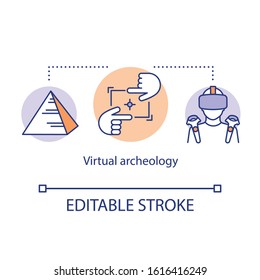 Virtual archeology concept icon. Computer modeling, visualization of historic monuments. Virtual travel ancient monuments idea thin line illustration. Vector isolated outline drawing. Editable stroke