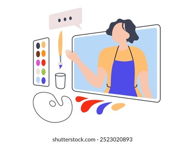 virtual art class with woman inside digital tablet frame, art instructor, with art supplies. for online education poster, banner, illustration design.