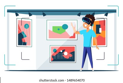 Virtual art gallery visit flat vector illustration. Happy teenager wearing VR helmet cartoon character. Boy in AR headset looking at paintings. Museum in augmented reality, immersive experience