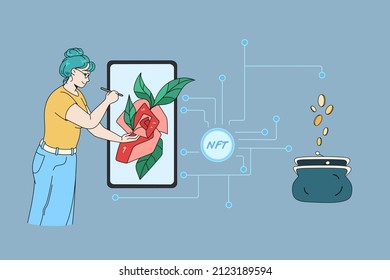 Virtual art nft. Painting on Internet Girl draws on screen mobile phone.