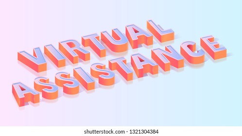 Virtual Assistance 3d Words, Glossy Extruded Text Title, Isometric Projection Vector Typography Template, Digital Technology, Company Service Poster, Web Banner Design Element On Gradient Background