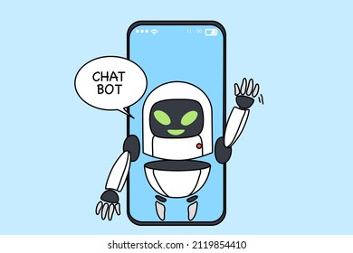 Virtual assistance on app on modern cellphone help customer with problem solution. Chat bot or robotic digital helper communicate with client on smartphone. Technology concept. Vector illustration. 