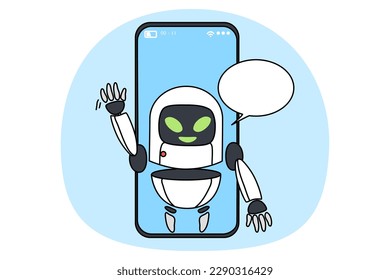 La asistencia virtual en la aplicación en teléfonos móviles modernos ayuda al cliente con la solución de problemas. Un robot de chat o un ayudante digital robótico se comunican con el cliente en un smartphone. Concepto tecnológico. Ilustración vectorial.