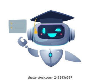 Virtual assistant. Adorable robot or online bot wearing graduation cap. Artificial Intelligence, Neural Network and Machine Learning. Cartoon vector illustration isolated on white background