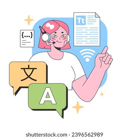 El asistente virtual ayuda con la traducción de idiomas y la descripción general del documento. Participar en conversaciones multilingües, mostrando versatilidad en tareas. Navegar sin problemas por el contenido escrito. Vector plano