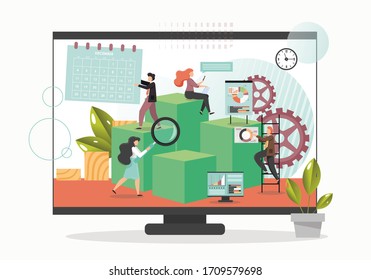 Ilustración plana vectorial del concepto de negocio de asistente virtual. Enorme monitor de ordenador con asistentes de negocios de micropersonajes dedicados al trabajo de oficina en pantalla.
