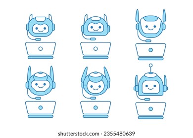 Asistente virtual o icono del robot de chat con símbolo de portátil y auriculares