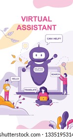 Virtual Assistant Chat Bot on PC Screen. Greeting and Searching Men near Computer, Translating Woman with Laptop. Basic Commands for AI. Digital Help Online, Messanger Support for UI, Floral Website